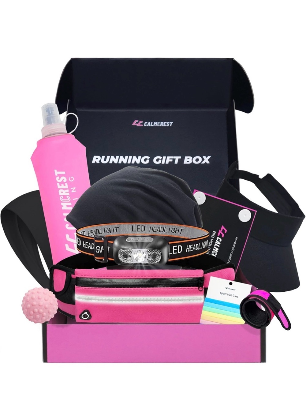 Crest Pink Running Gift Set with LED Headlamp visor water bottle belt reflective
